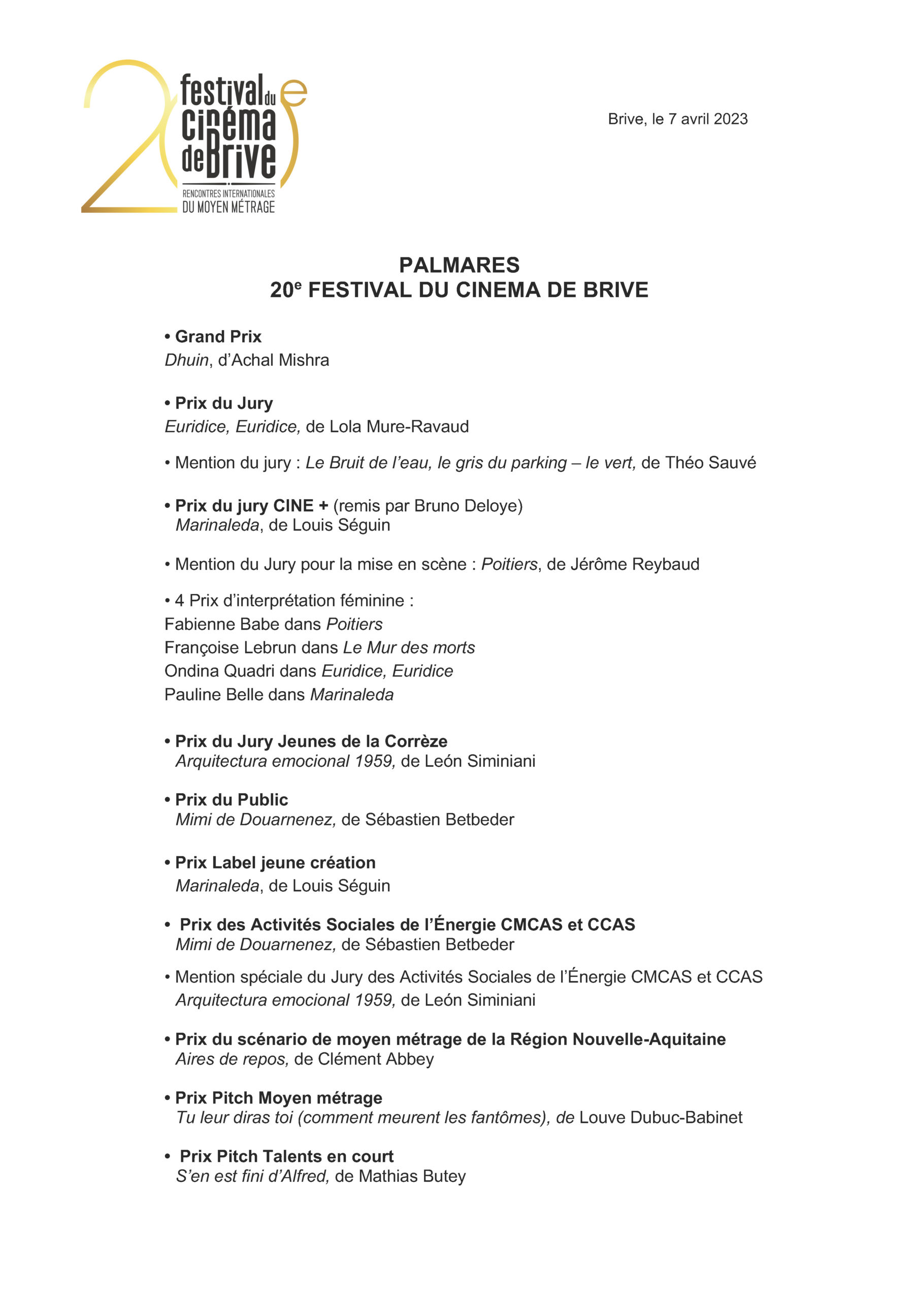 PalmarÈs 2023 Festival Du Cinéma De Brive